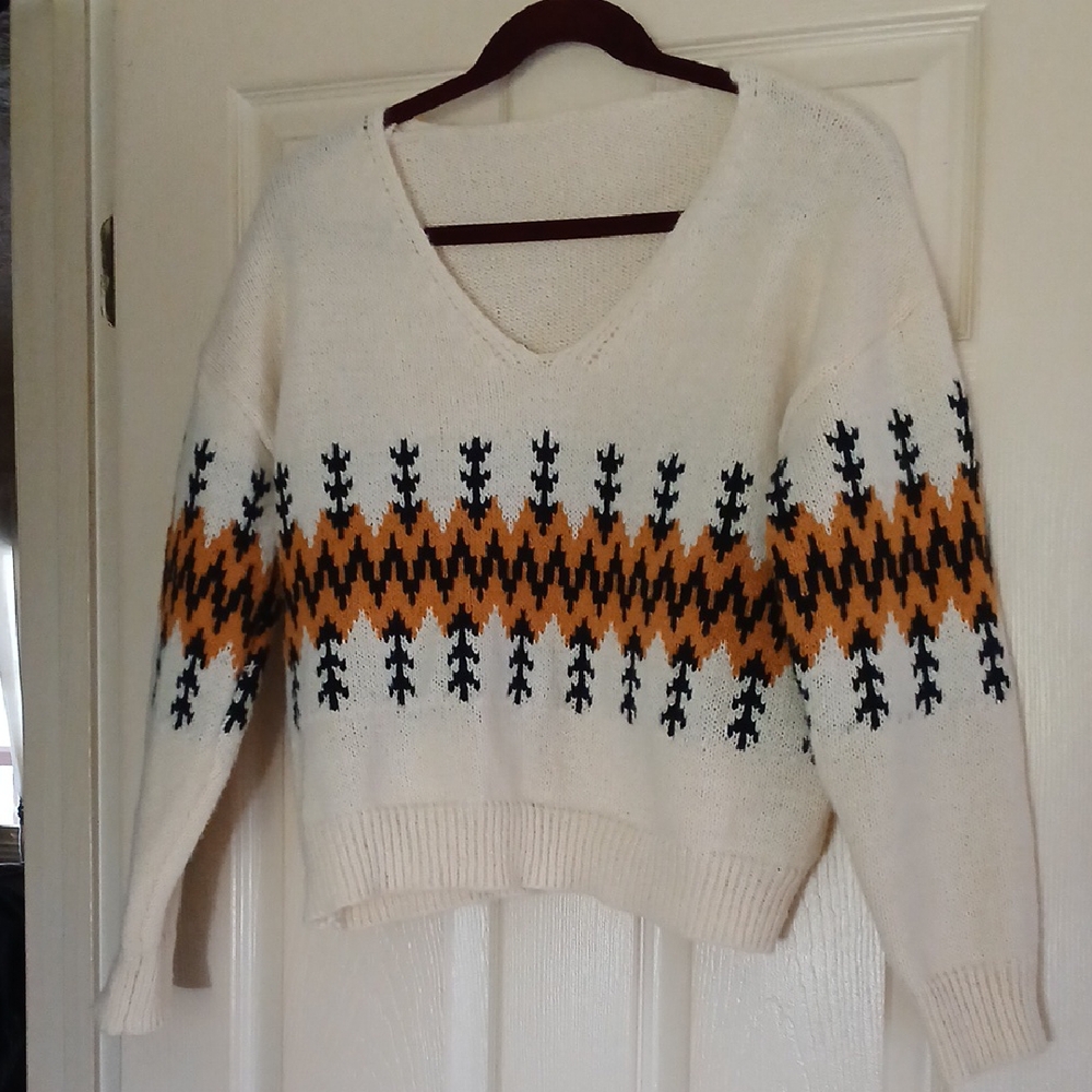 Cozy Cream and Orange Patterned V Neck Sweater